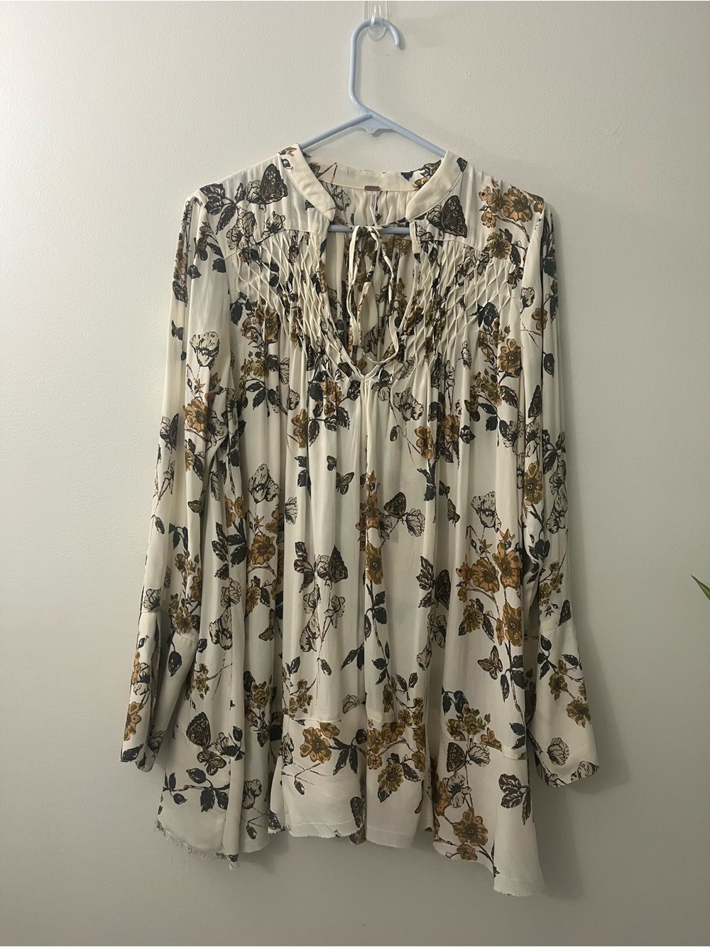 Free People Cream Floral Tie-Neck Blouse with Mustard Accents